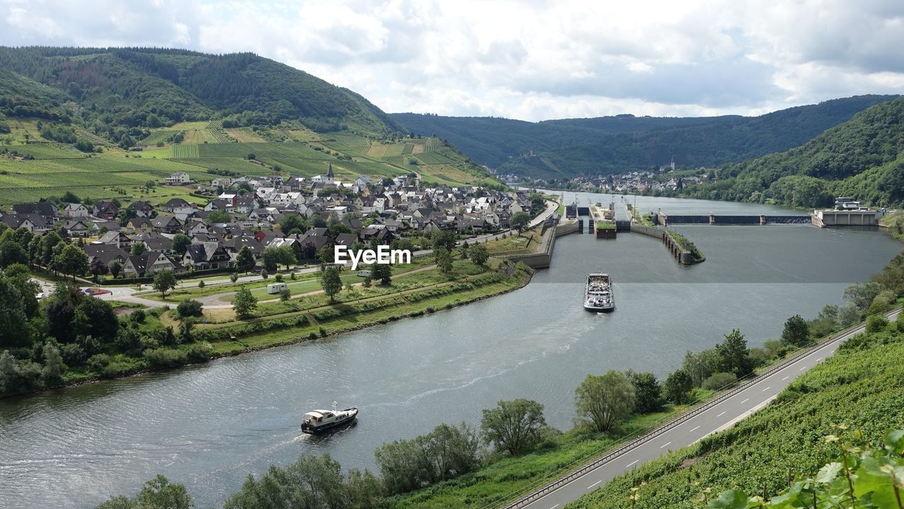 High angle view of moselle valley with ships entering floodgate 