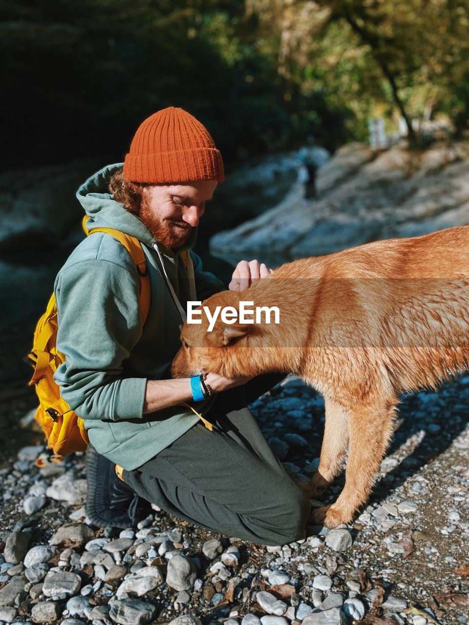 Man petting dog outdoors