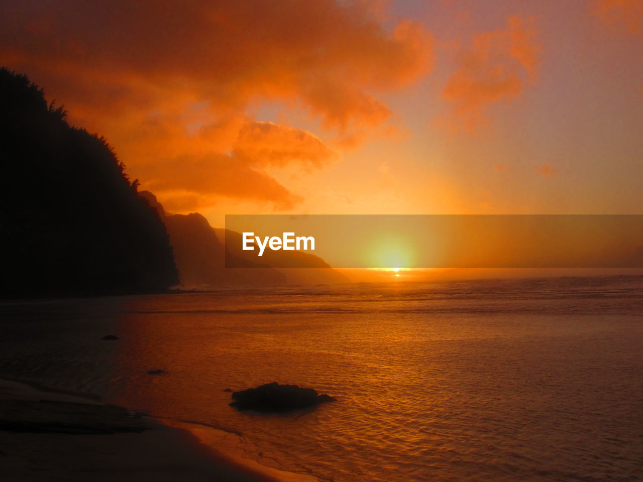 SCENIC VIEW OF SEA AGAINST ORANGE SKY DURING SUNSET