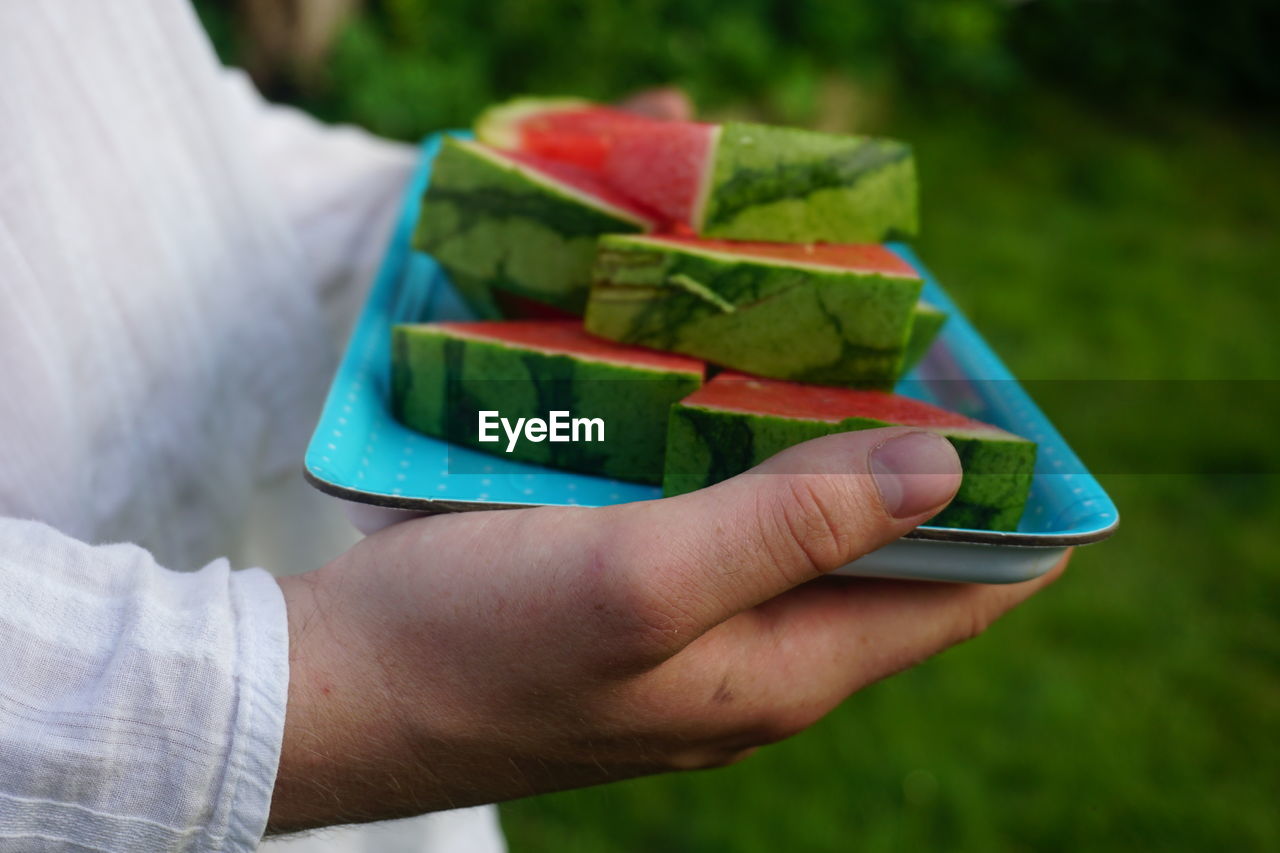 Midsection of person holding watermelon slices