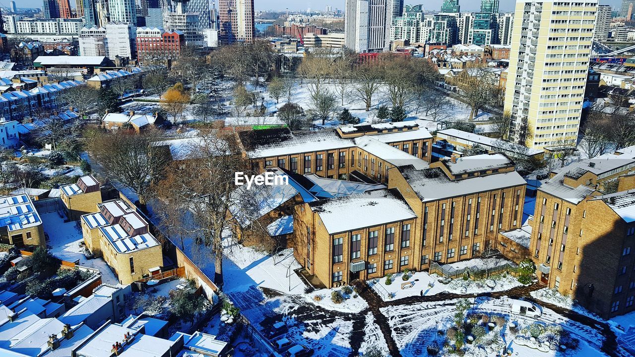 High angle view of cityscape during winter