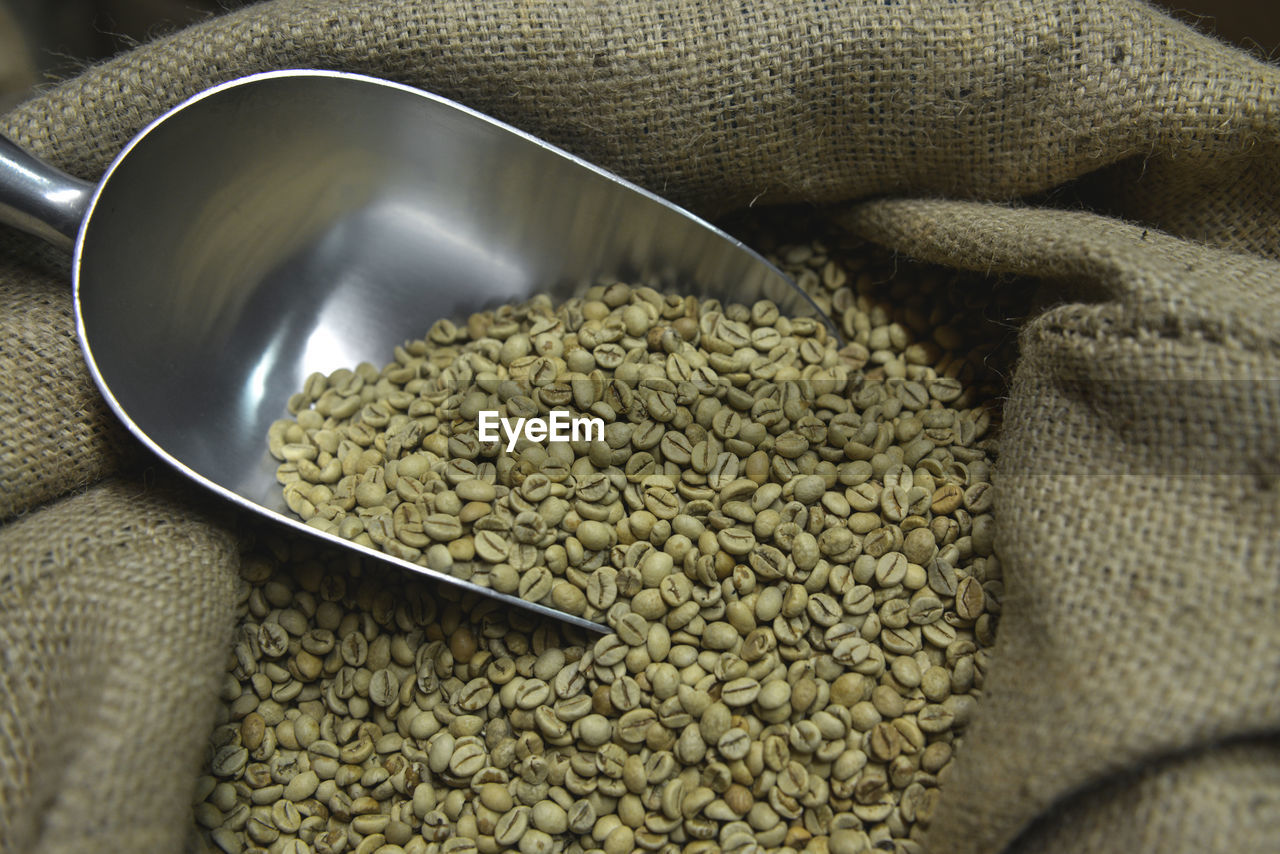 Raw coffee beans in sack