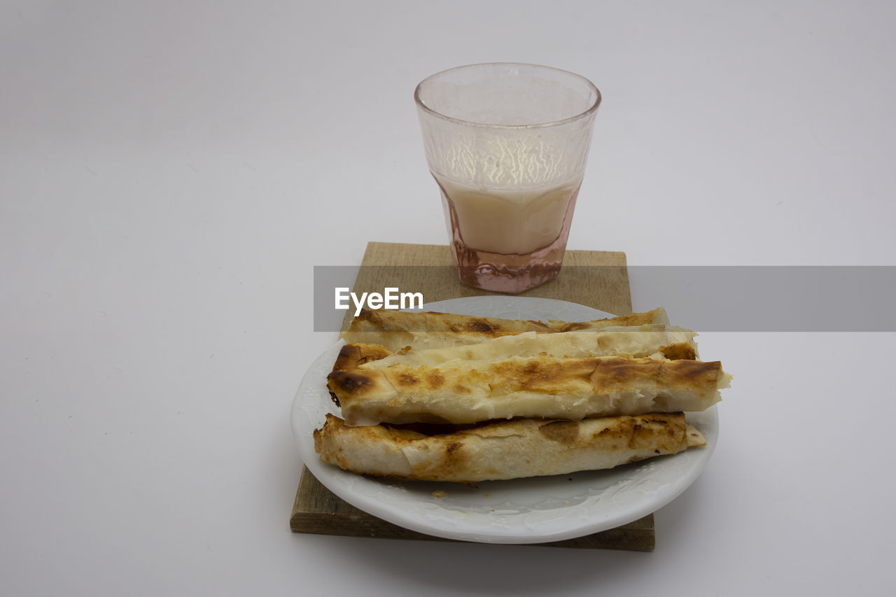 Close-up of breakfast on table against white background
