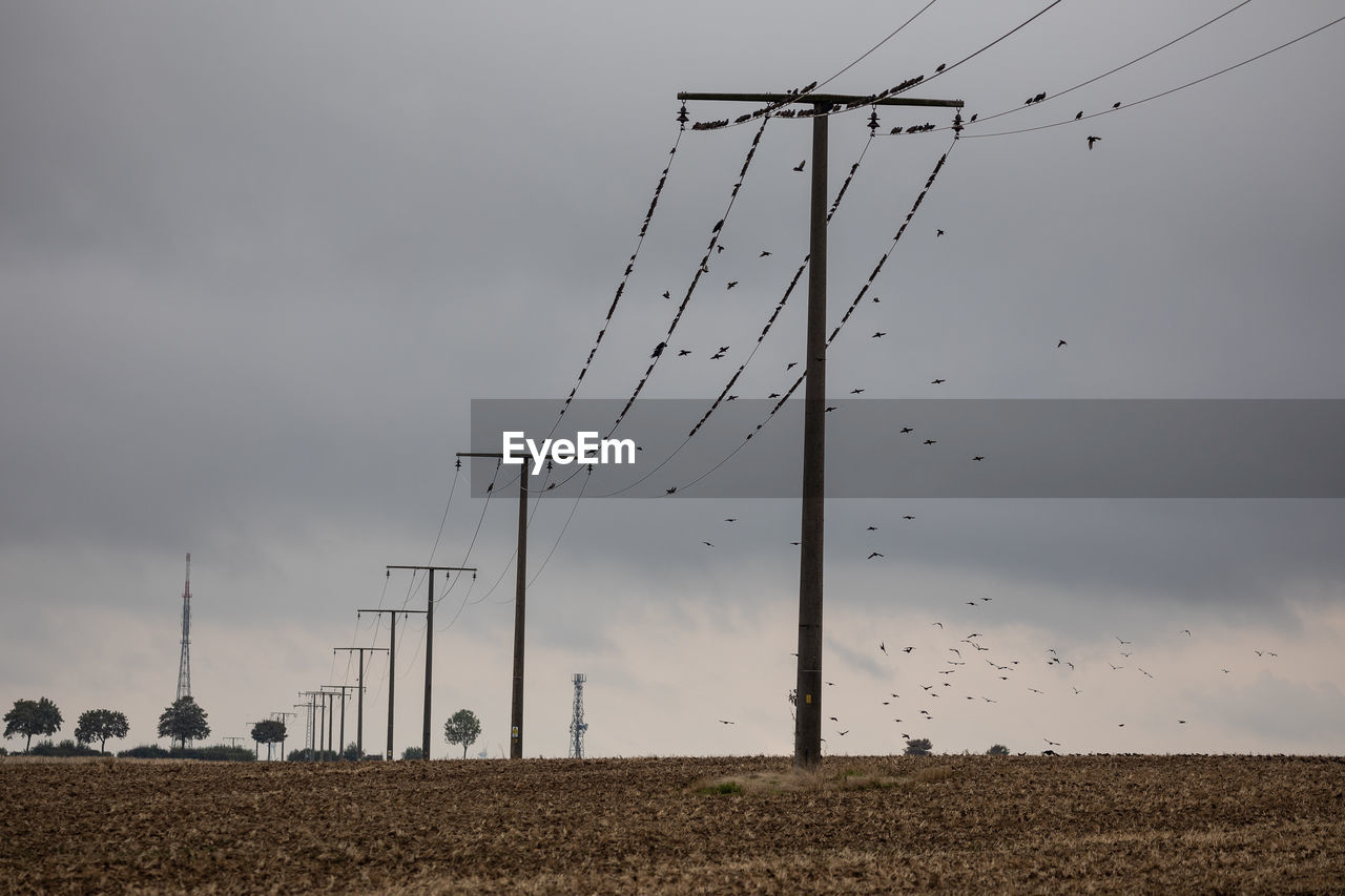 sky, electricity, technology, cable, environment, cloud, power generation, landscape, overhead power line, nature, electricity pylon, wind, power supply, transmission tower, power line, land, no people, line, horizon, rural scene, outdoor structure, agriculture, outdoors, electrical supply, overcast, tower, field, storm, scenics - nature, beauty in nature, day, architecture, built structure, in a row, social issues, communication