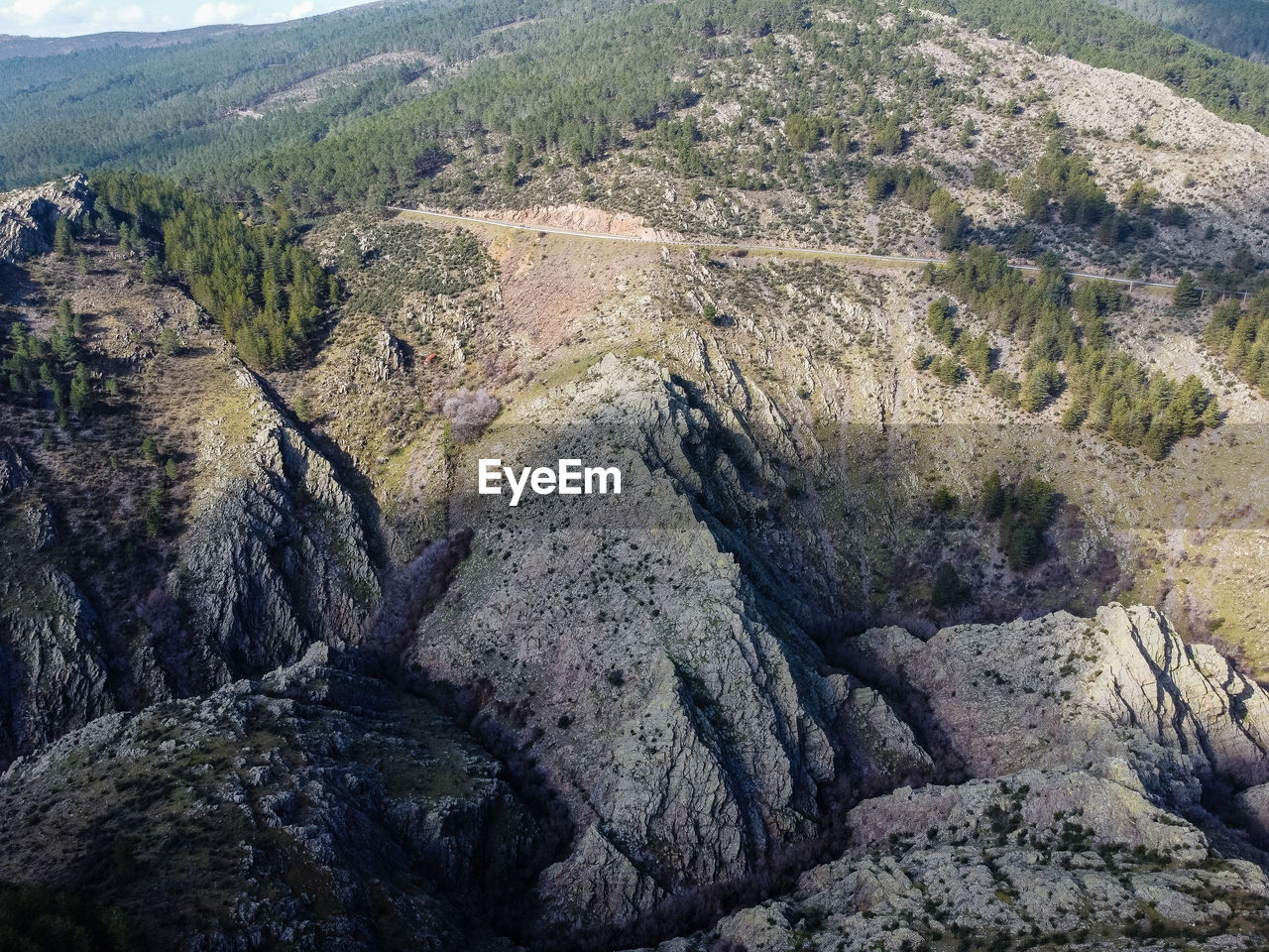 Aerial landscape photography. sierra del rincon, madrid. picturesque morning view from flying drone. 