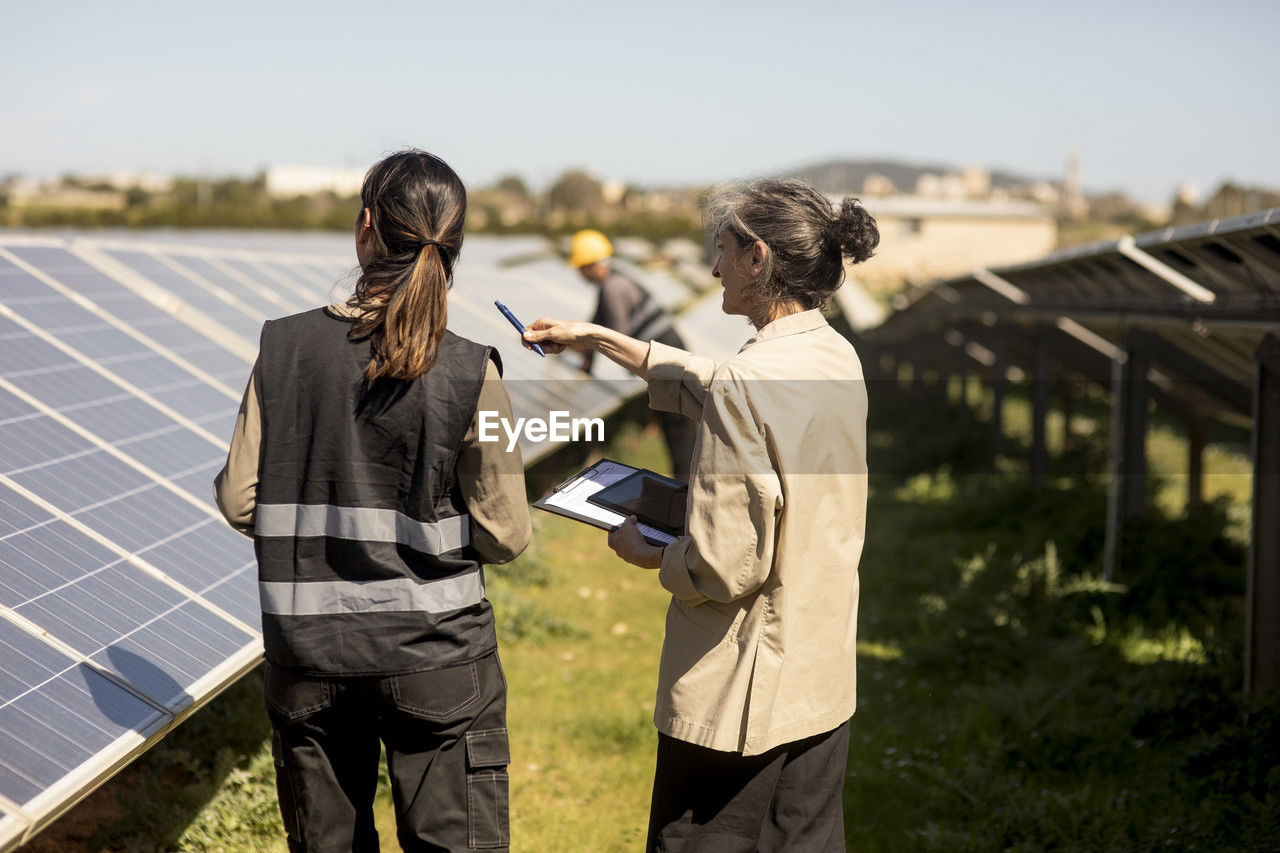 Senior female entrepreneur pointing by engineer standing near solar panels in field