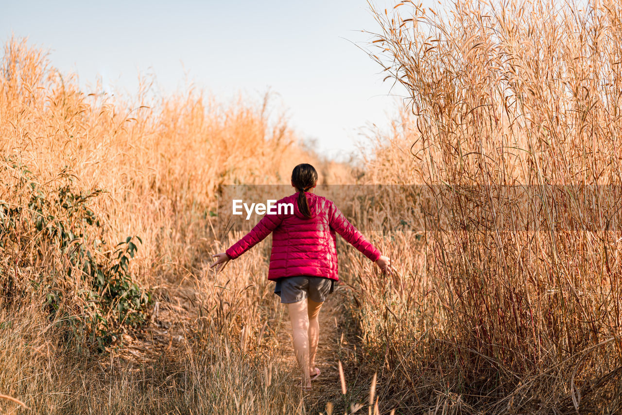 Rear view of woman walking on farm