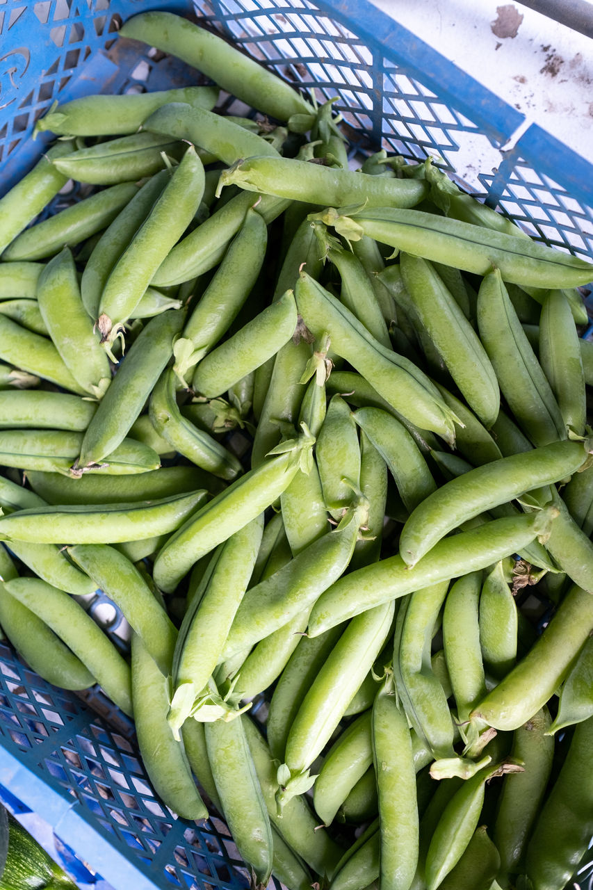 food, food and drink, healthy eating, freshness, wellbeing, vegetable, green, produce, market, large group of objects, plant, retail, for sale, no people, high angle view, abundance, crop, business, raw food, basket, still life, day, snap pea, container, organic, business finance and industry, broad bean, market stall