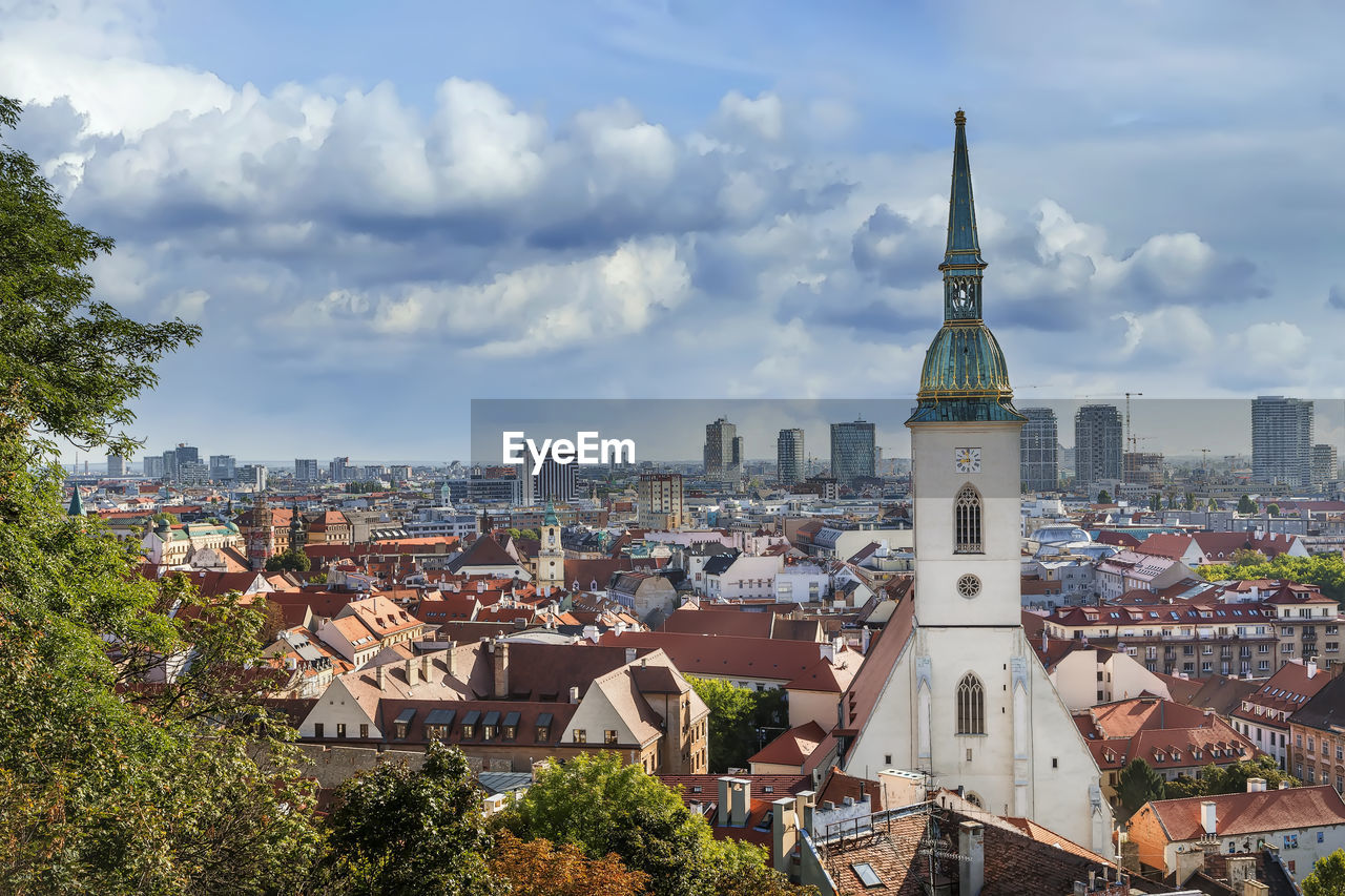 View of bratislava old town with st martin's cathedral from castle rock, slovakia
