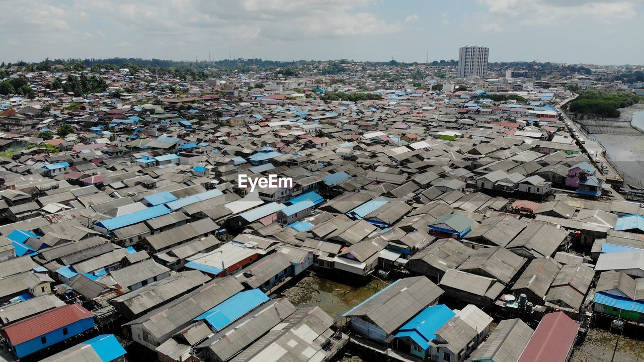 High angle view of cityscape against sky