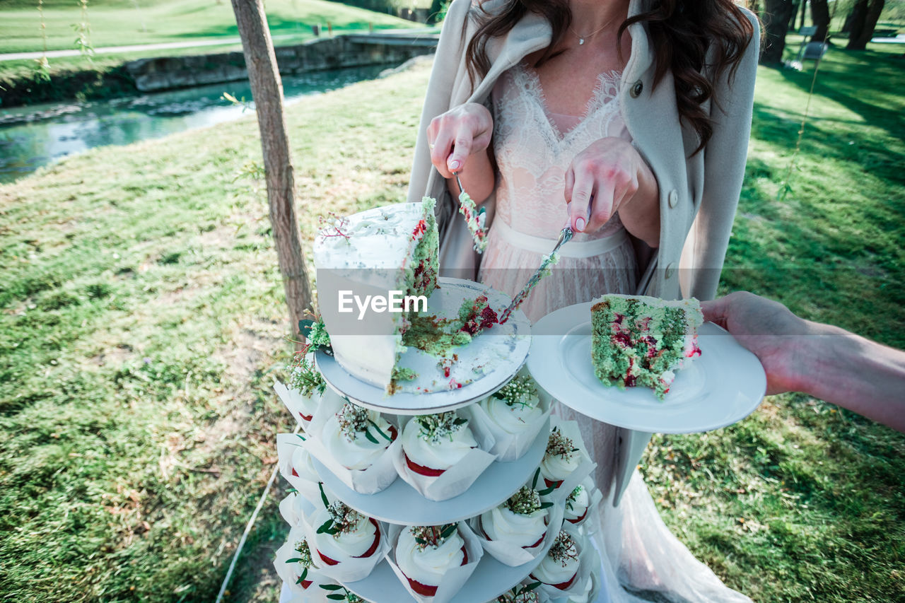 Low section of woman serving slice of cake at park