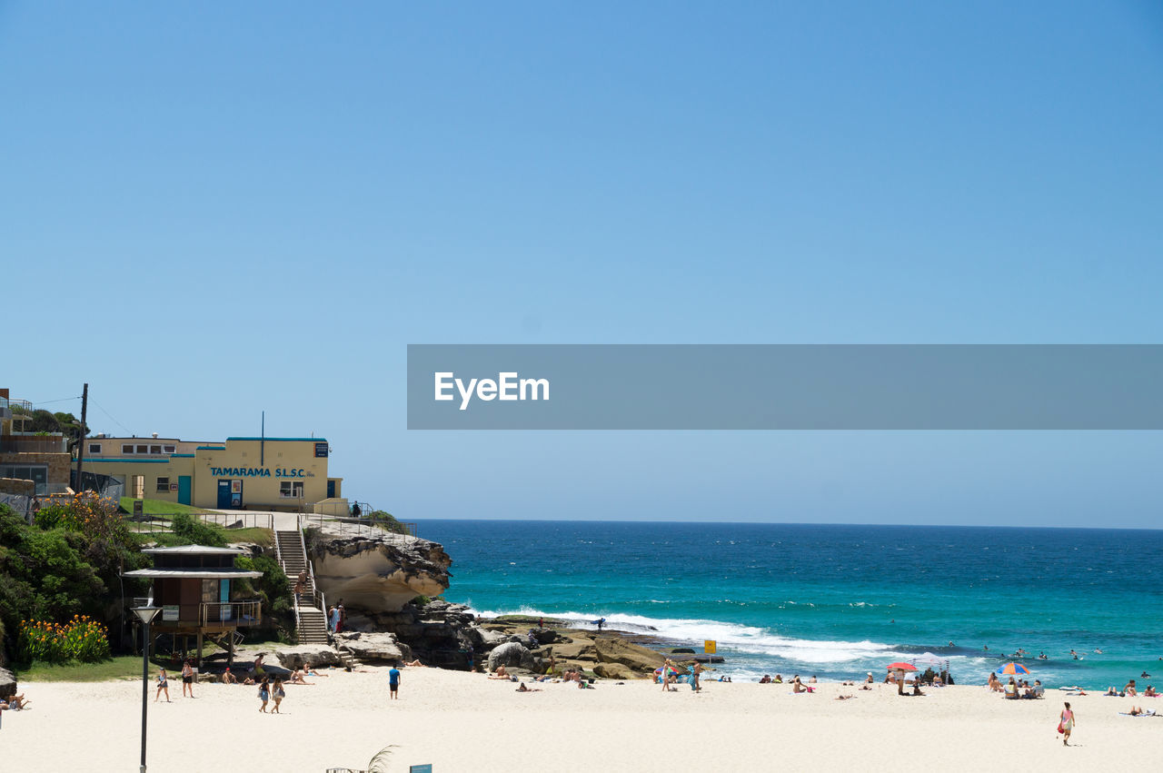 PANORAMIC SHOT OF BEACH AGAINST CLEAR SKY