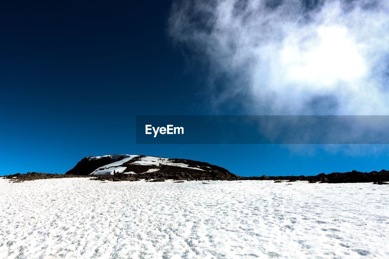 Scenic view of snowcapped landscape against blue sky