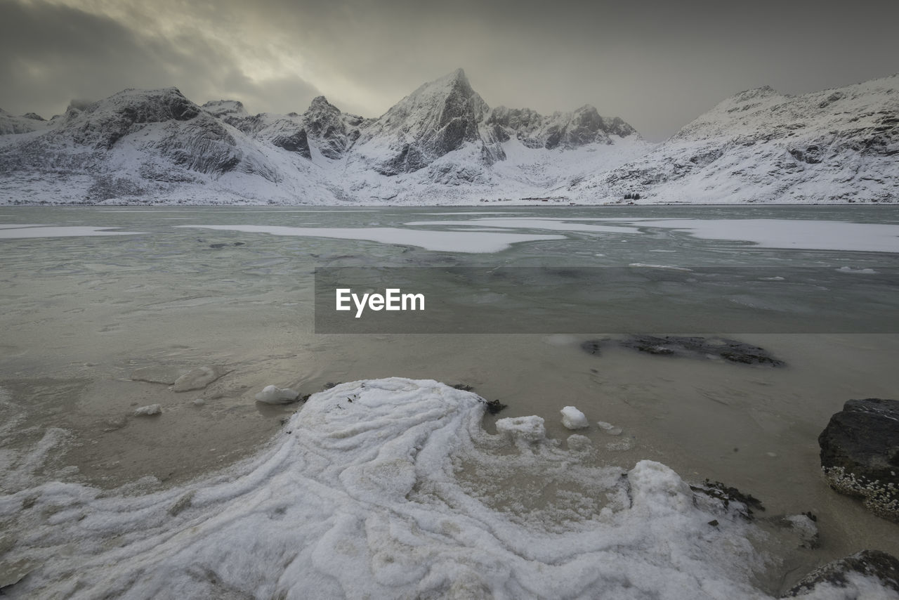 Scenic view of frozen beach against sky