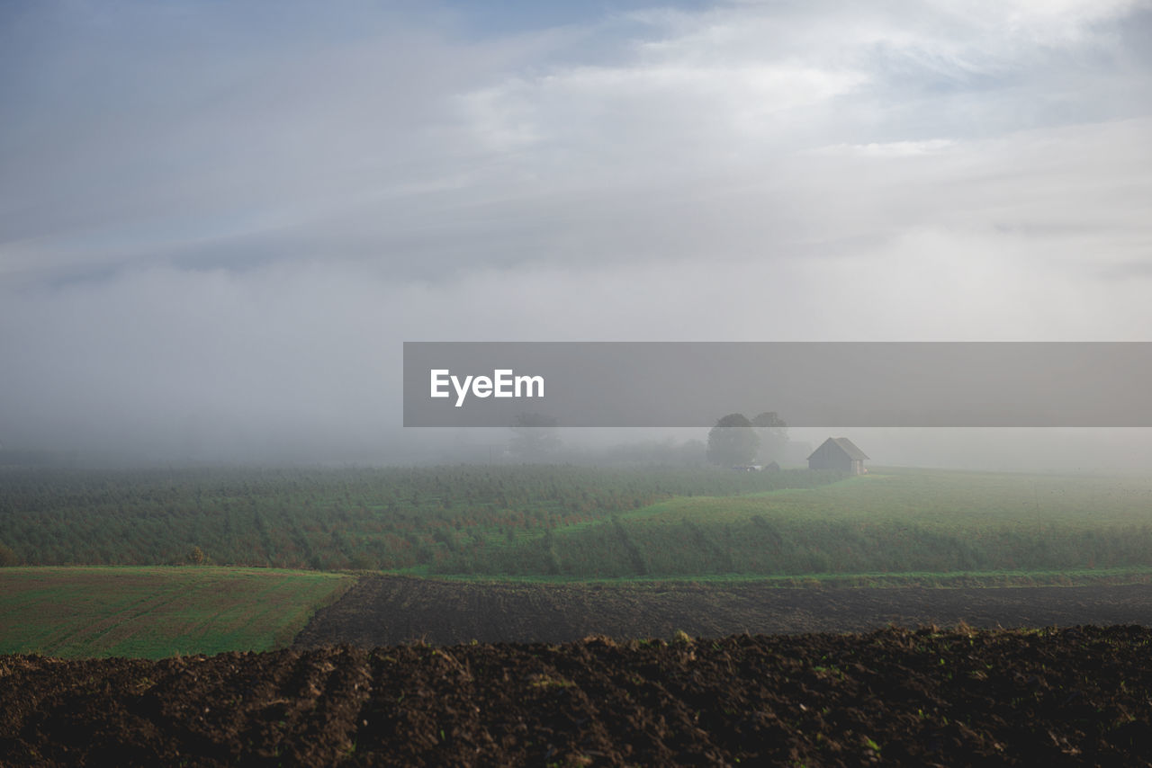 Rural landscape with fog and houses in the distance