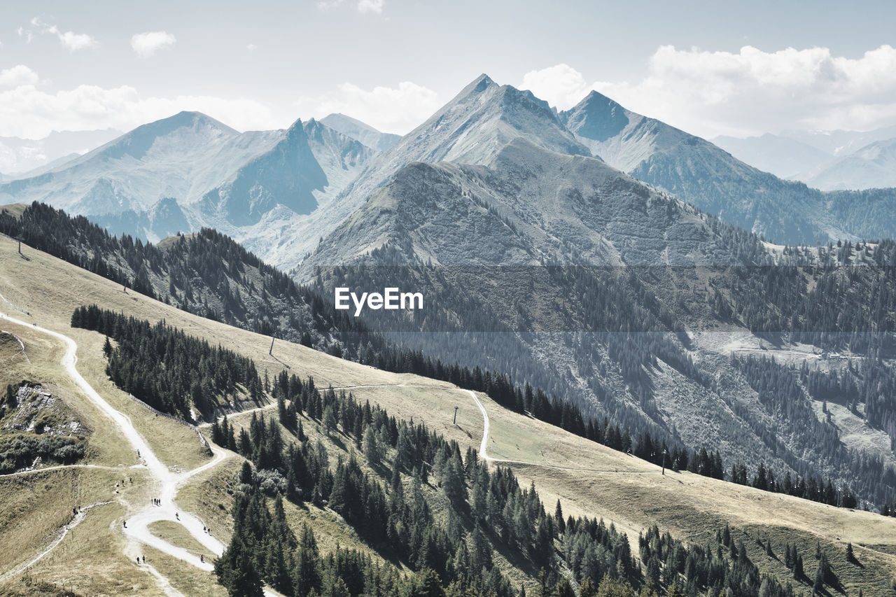 Scenic view of snowcapped mountains against sky