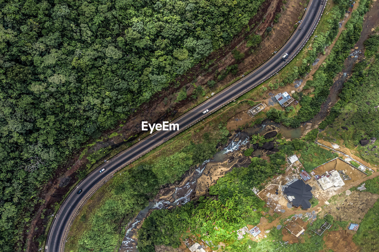 Jui road from the sky with a small waterfall