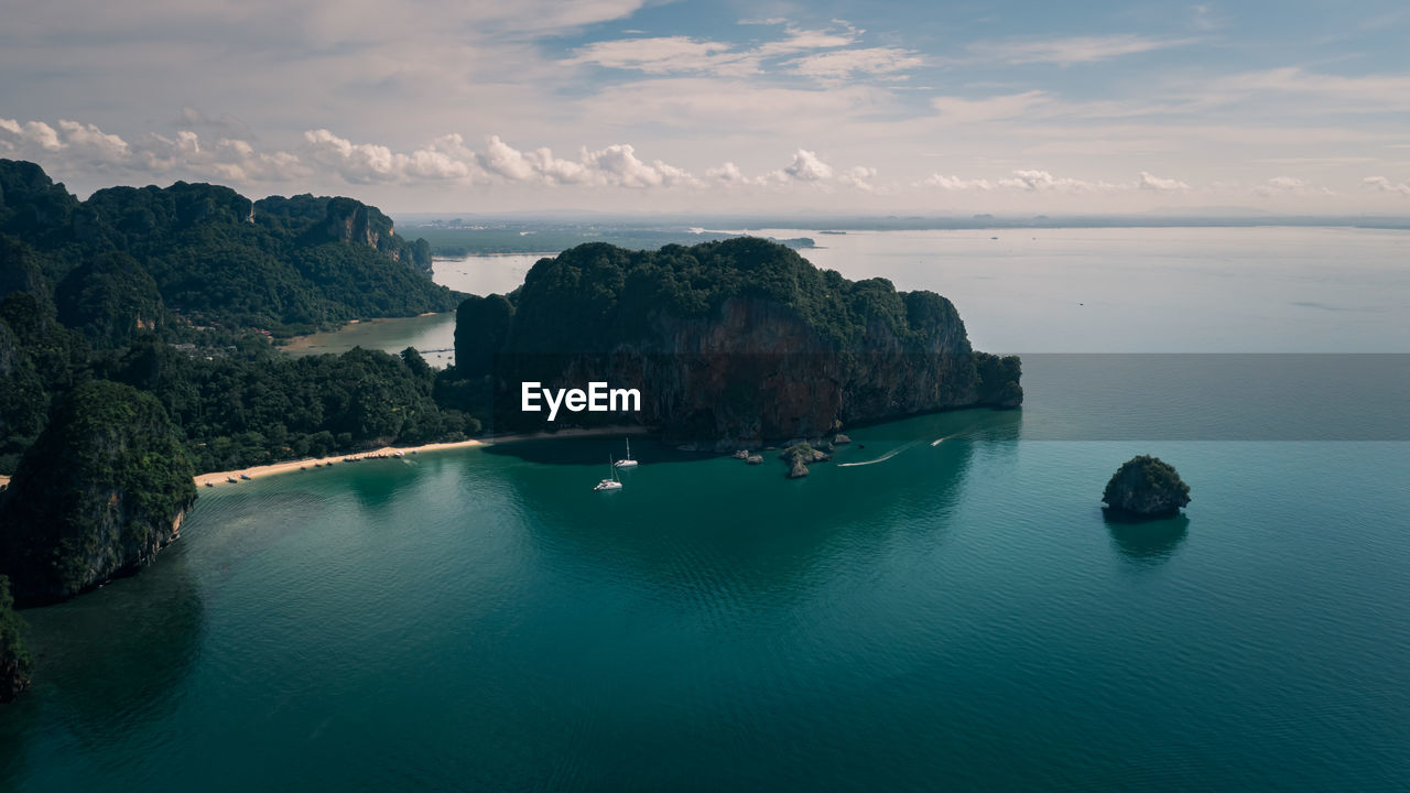 High angle view seascape and mountain view at railay bay in the rain season krabi province thailand