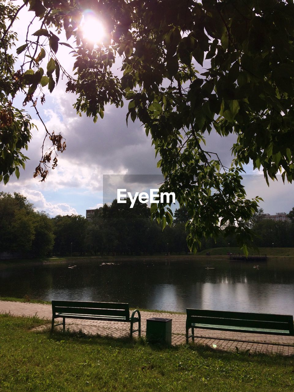 Empty benches against pond at park