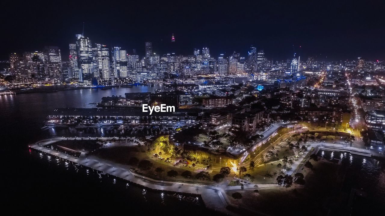 High angle view of pyrmont district at night