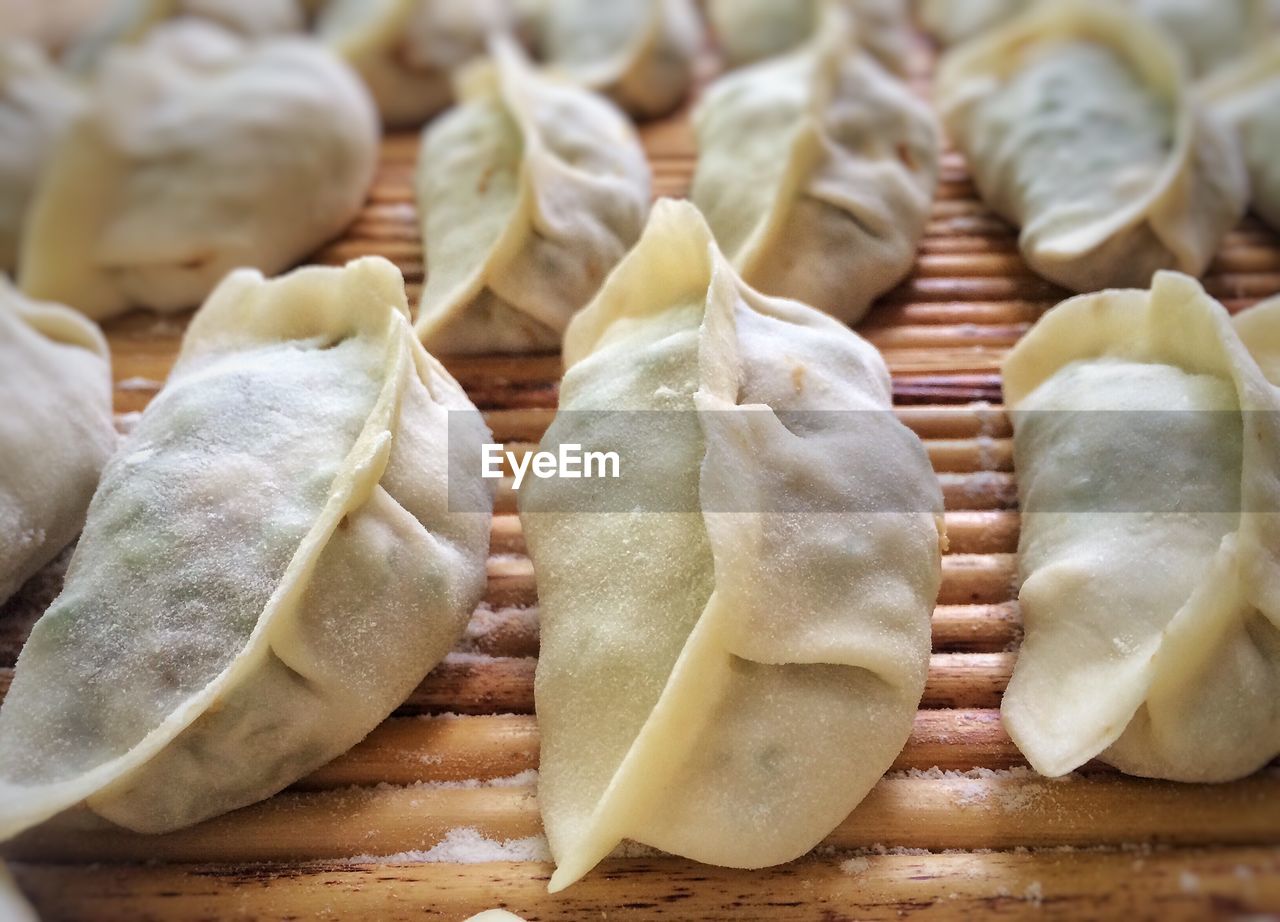 Close-up of raw dumplings