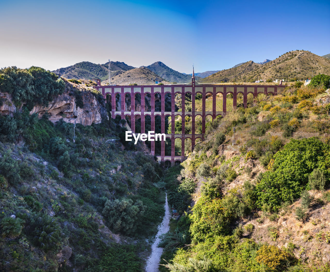 Scenic view of mountains against clear blue sky