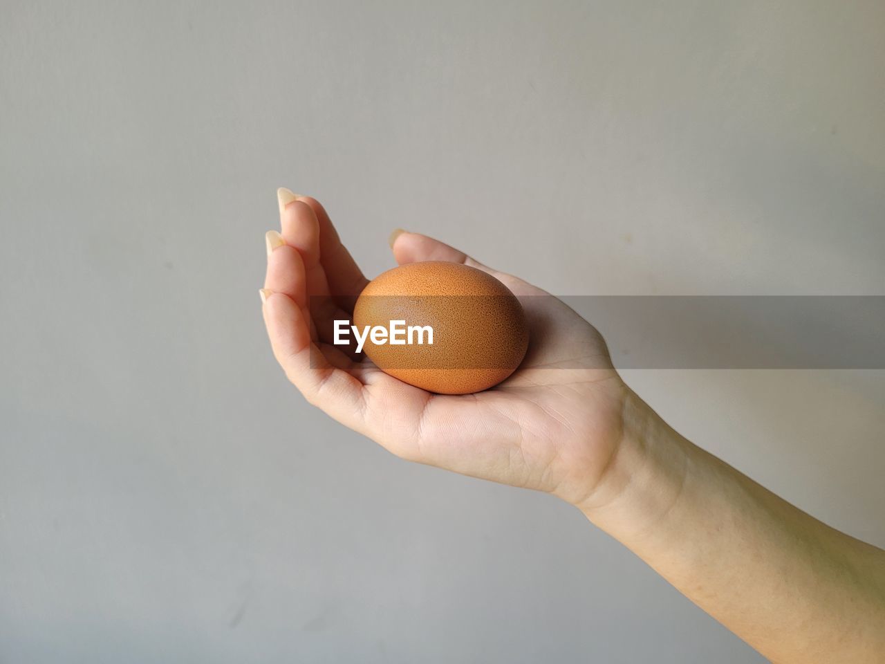 hand, food, food and drink, egg, healthy eating, holding, close-up, one person, wellbeing, studio shot, freshness, indoors, fragility, gray background, raw food, adult, organic, copy space, animal egg, limb, simplicity, gray