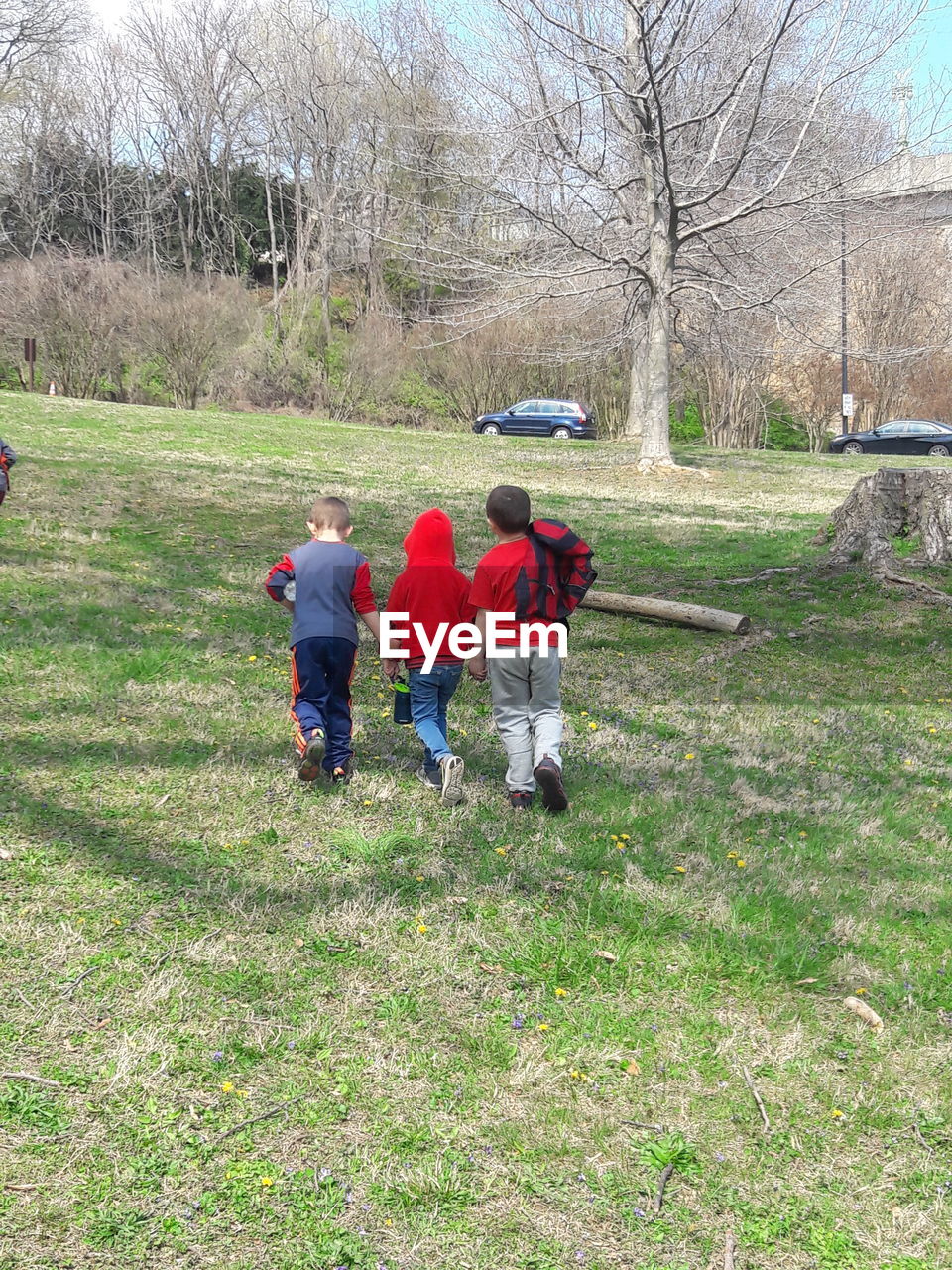 REAR VIEW OF PEOPLE WALKING ON FIELD AGAINST TREES