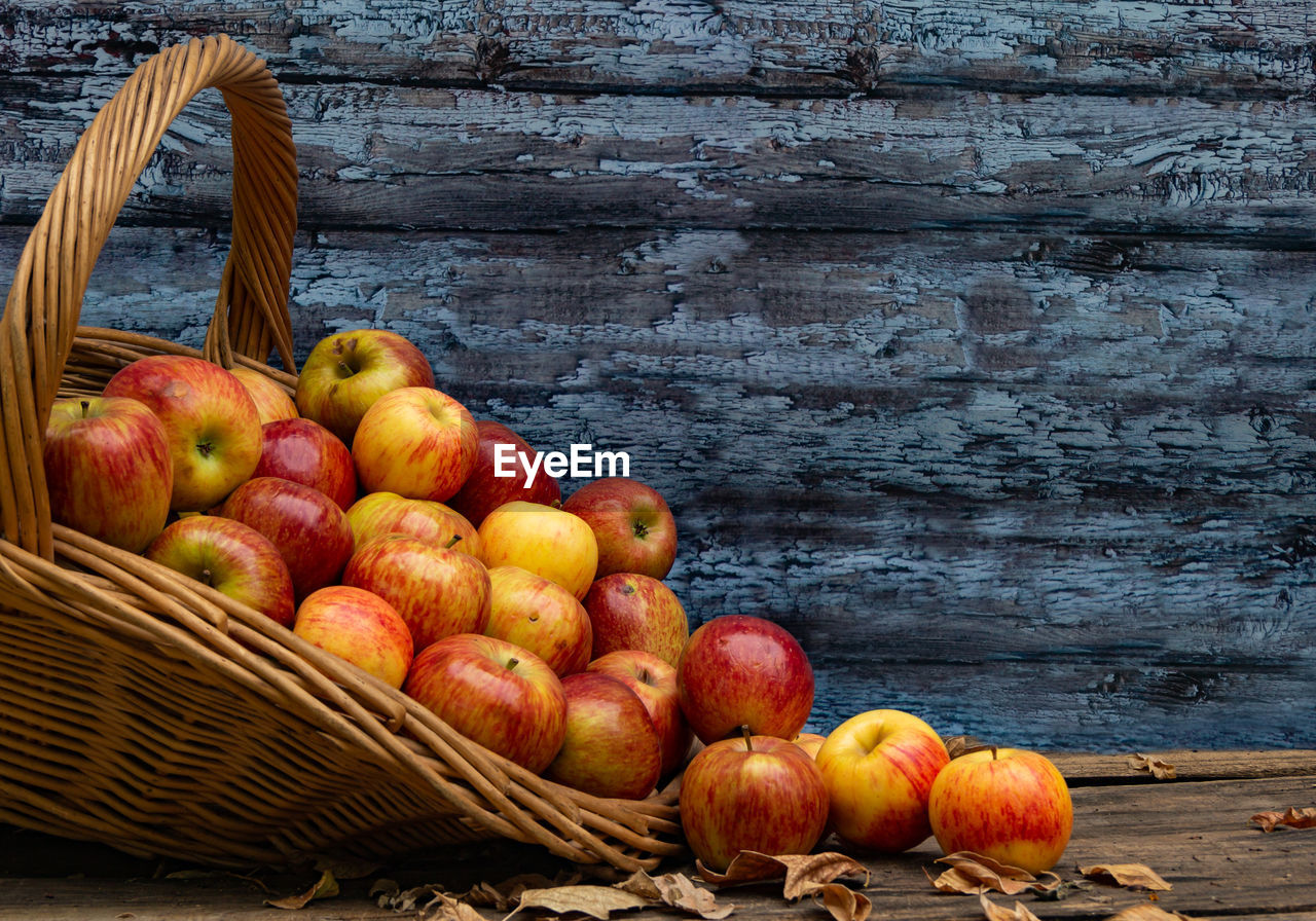 Basket full of red ripe apples in the fall