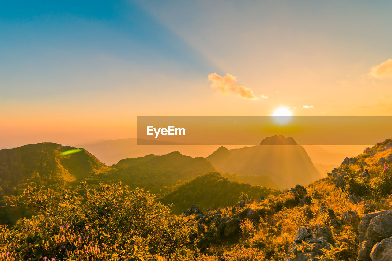 Beautiful mountain peaks topped with vivid sky and blast horizon sun, decorated with camera flares