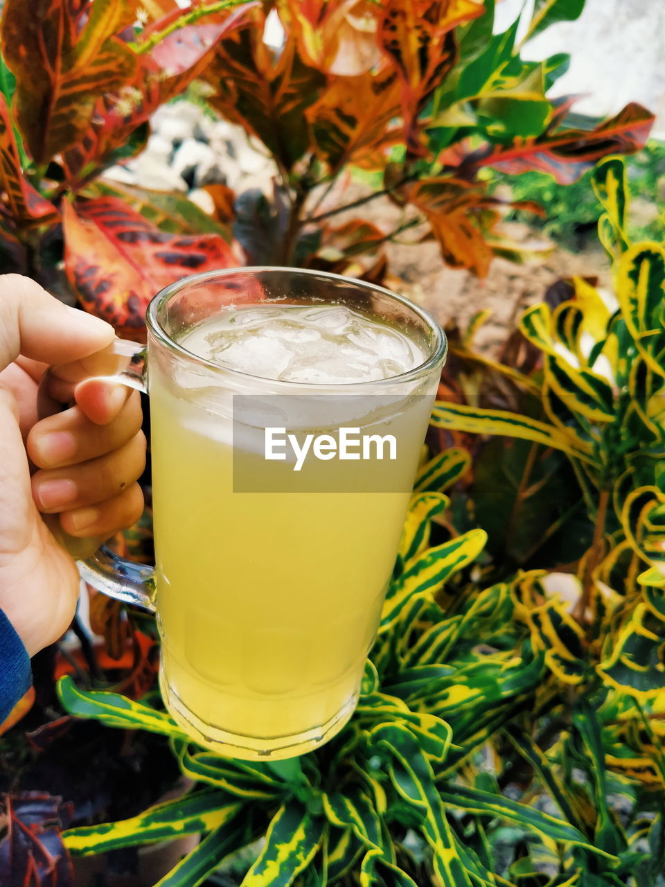 Close-up of hand holding drink on table