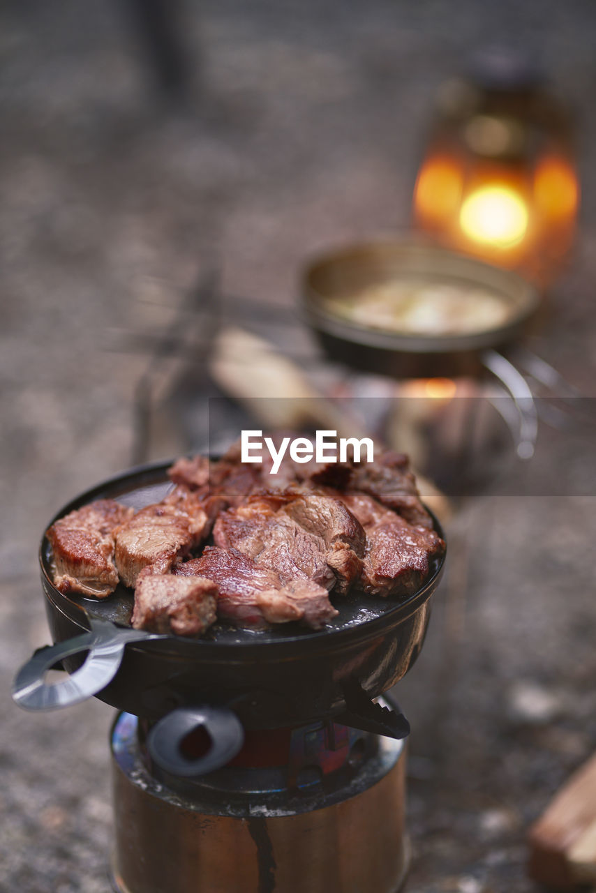 Meat dishes cooked at the campsite