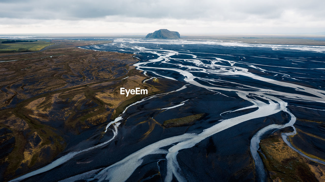 Aerial drone view of large riverbed near seljalandsfoss waterfall, southern iceland