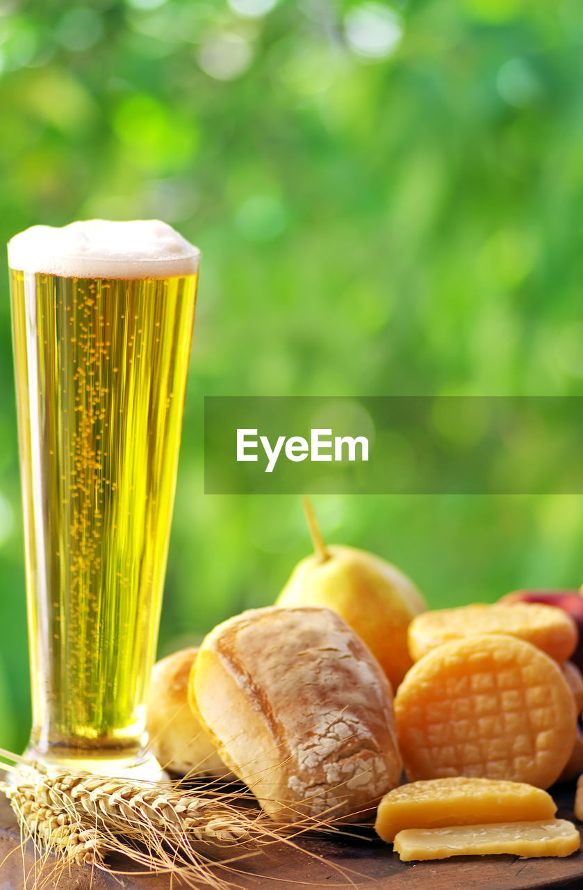 Close-up of beer glass with cheese and bread