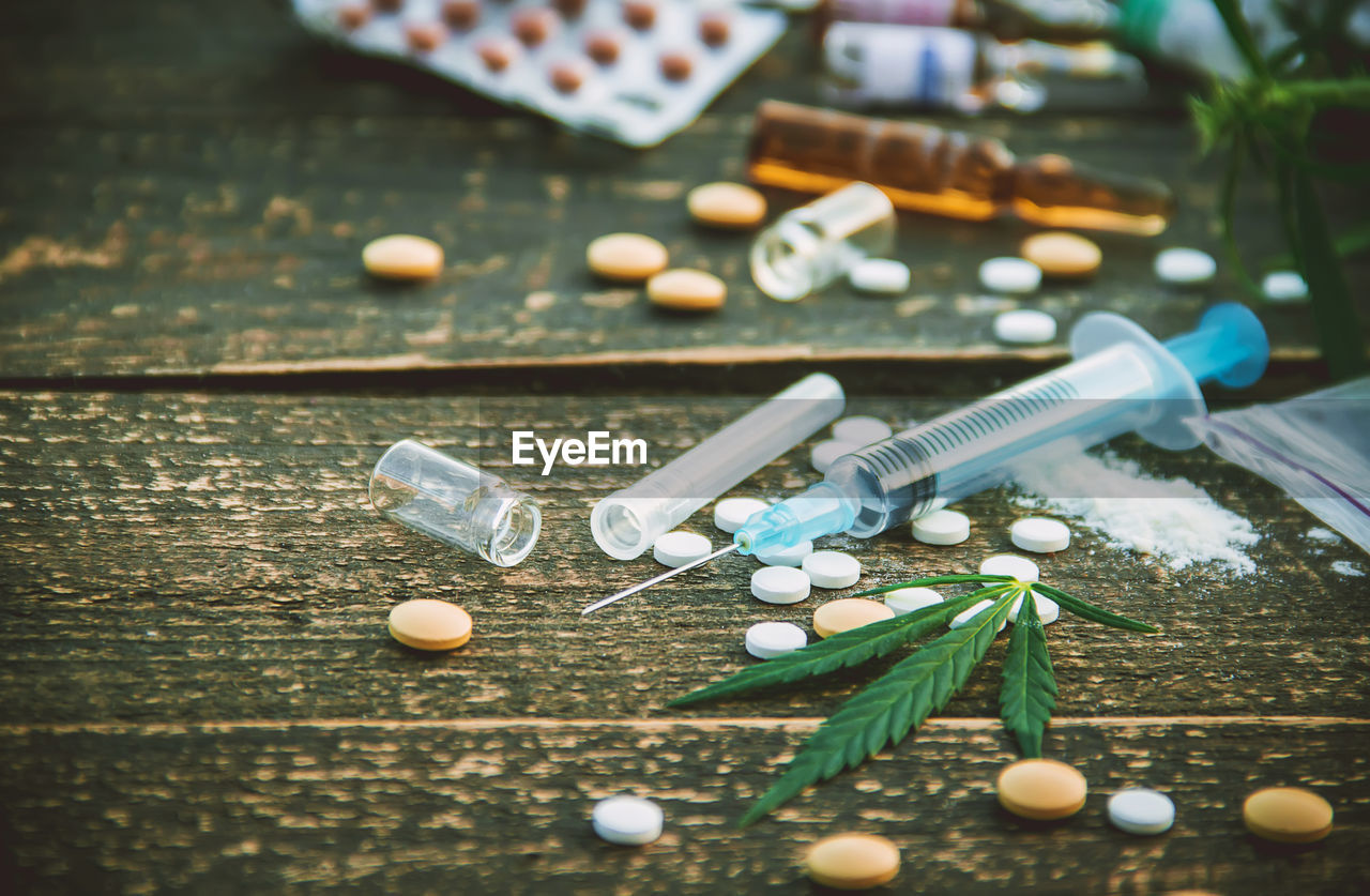 high angle view of medicines on table