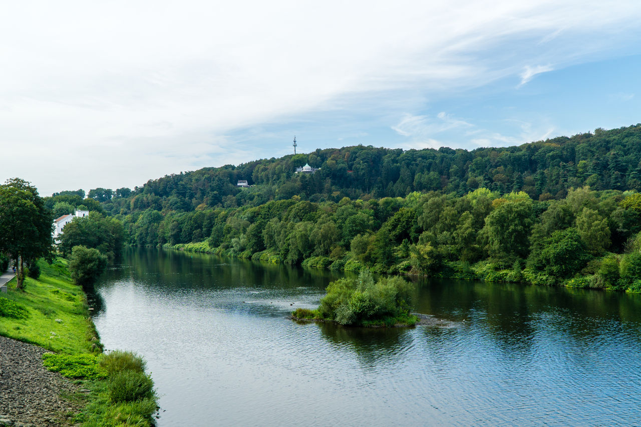 Scenic view of lake by trees against sky