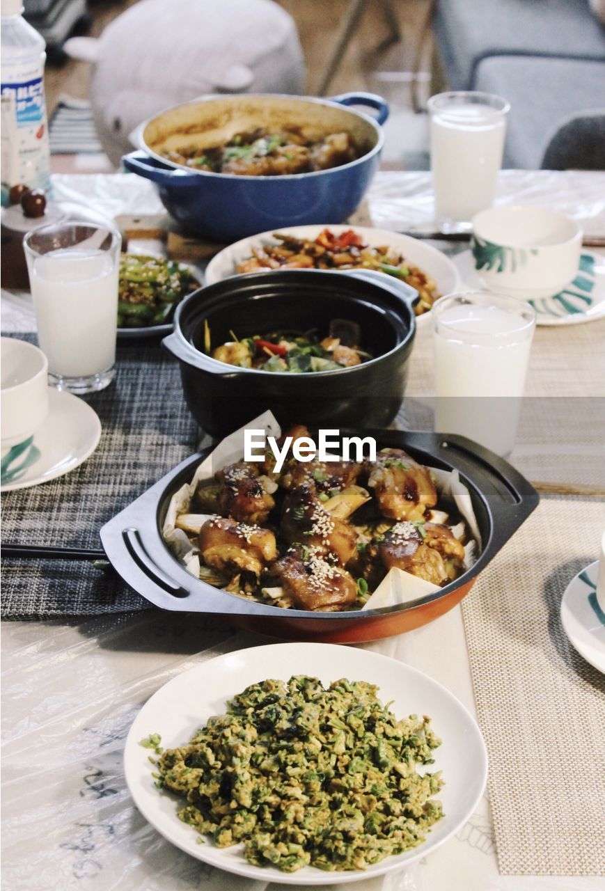 high angle view of food served on table