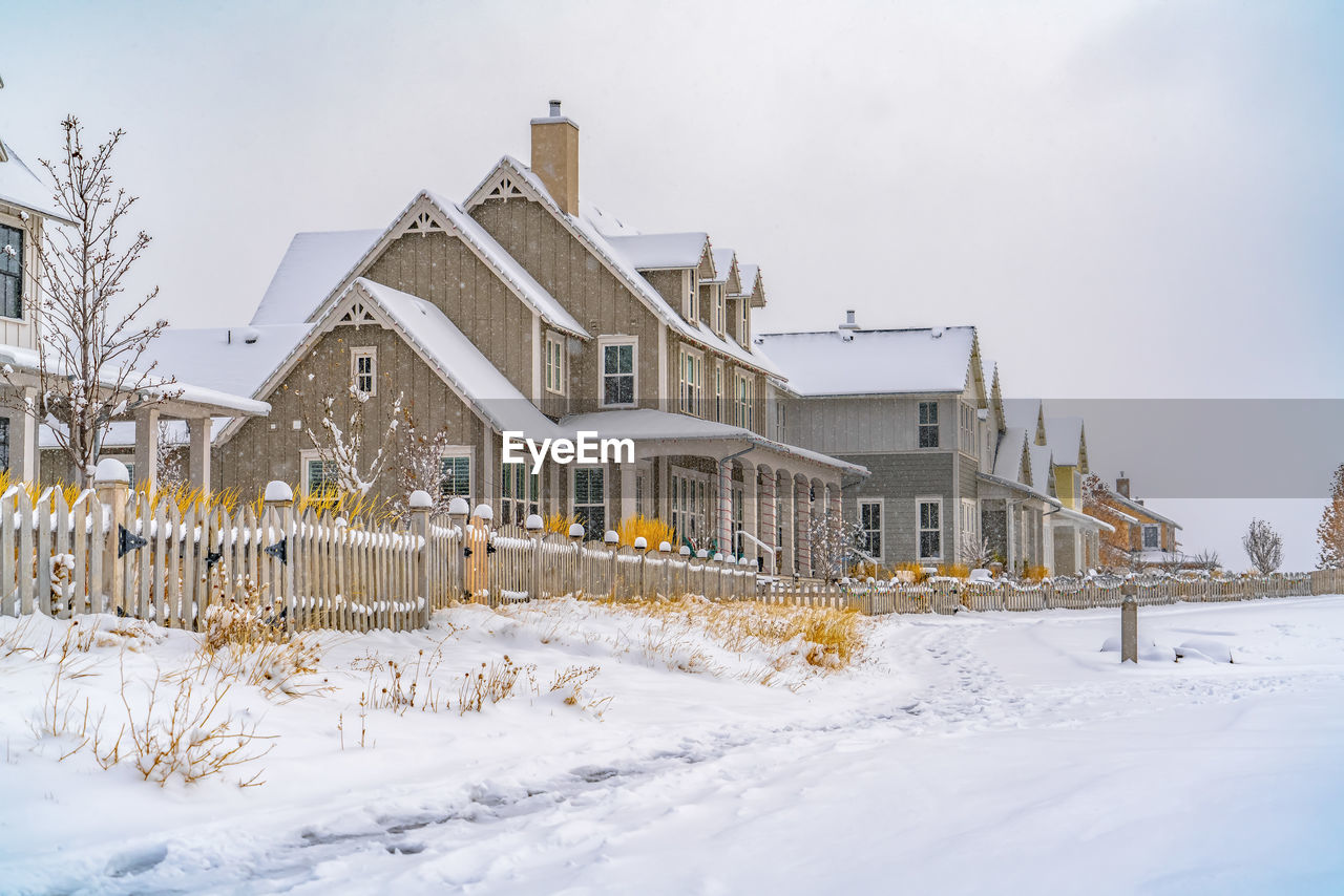 HOUSES ON SNOW COVERED FIELD AGAINST SKY