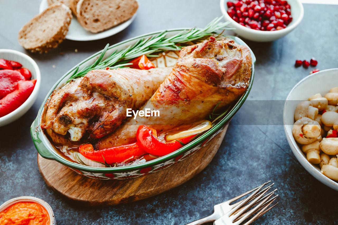 High angle view of food served on table