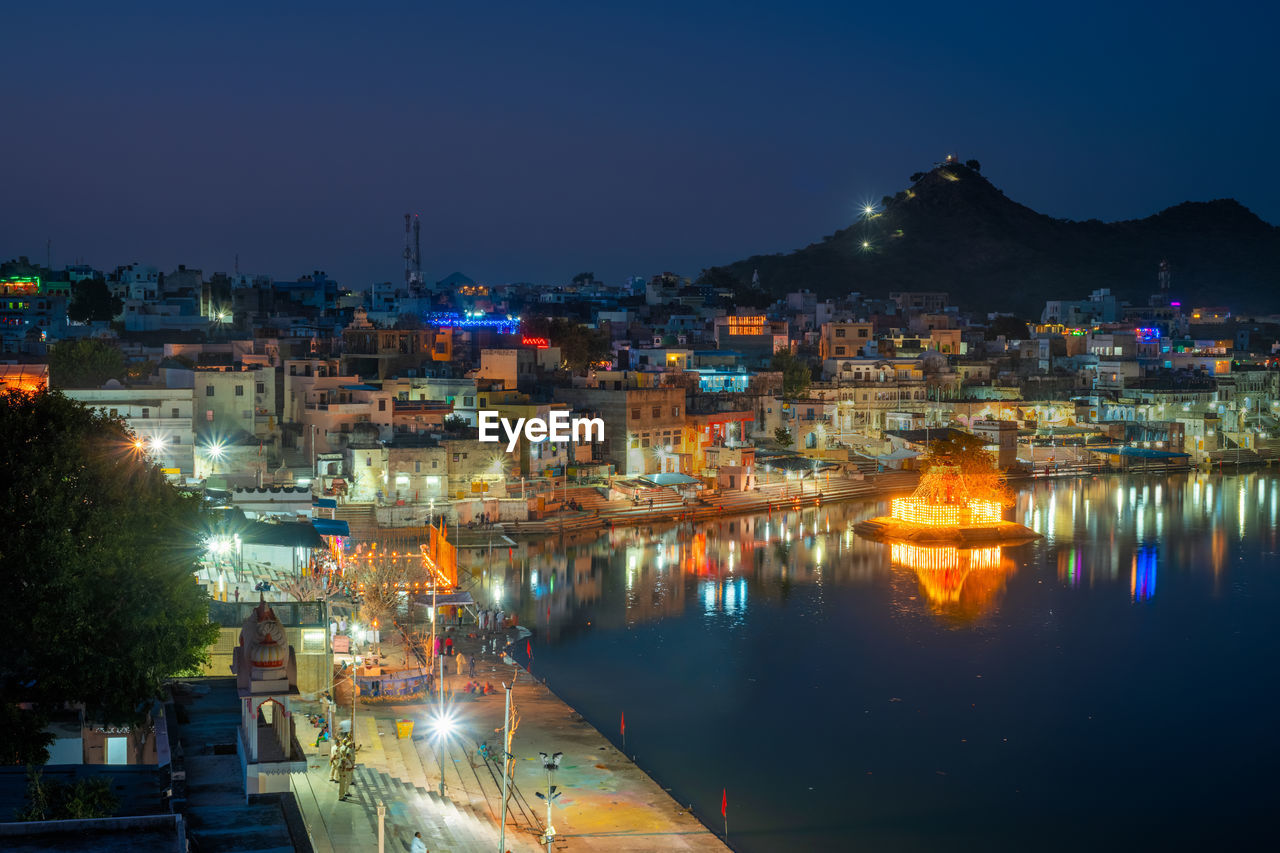 View of indian pilgrimage sacred city pushkar with pushkar ghats. rajasthan, india. horizontal pan