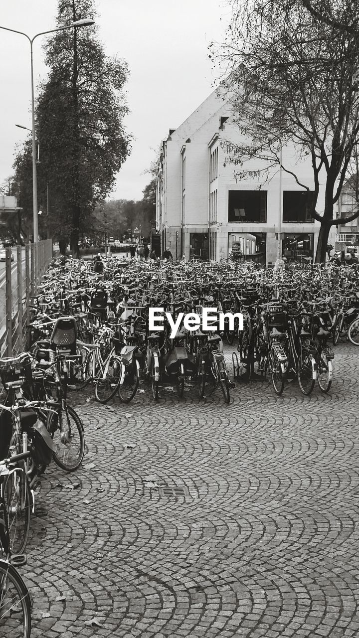 High angle view of bicycles parked on street by building