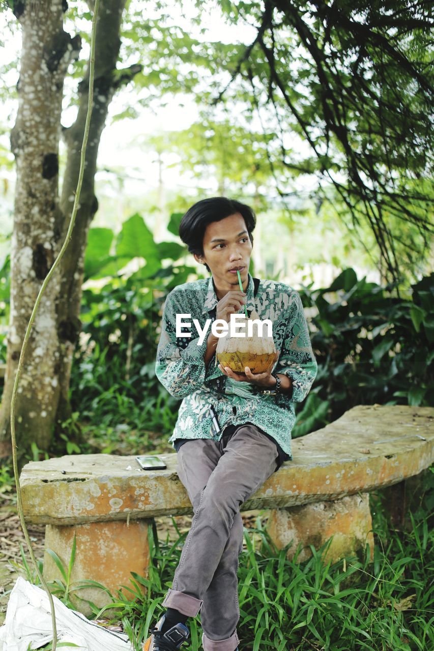 Rear view of man sit in forest with coconut water