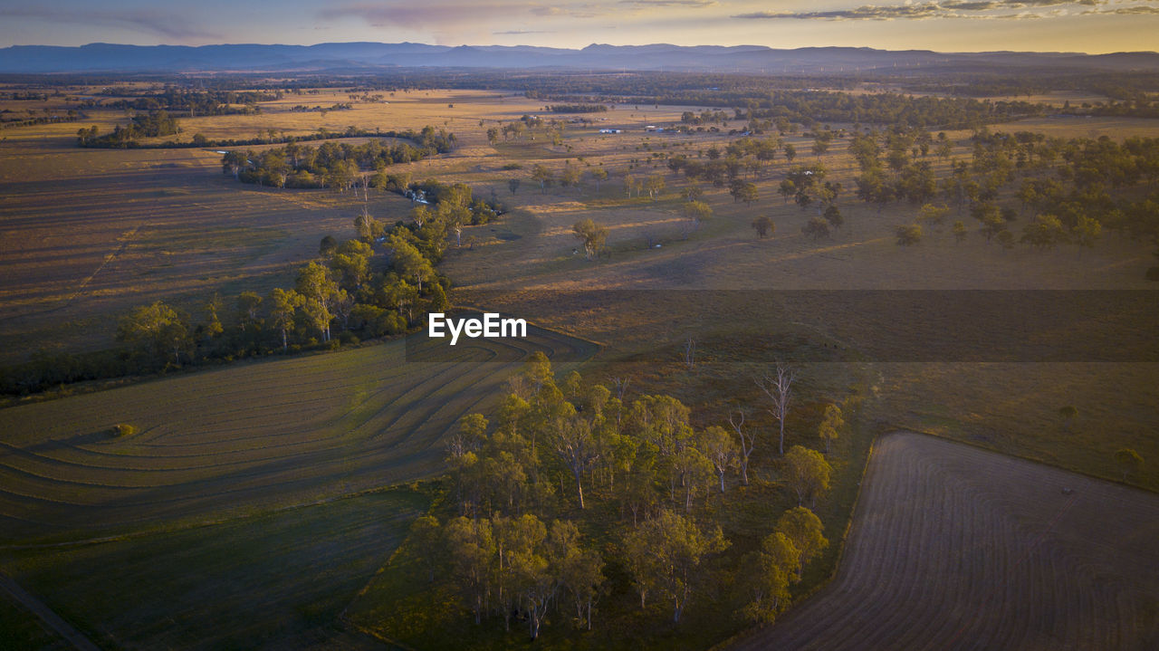 High angle view of land against sky