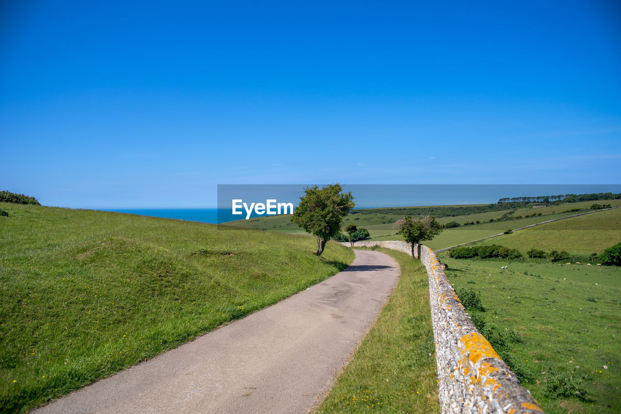 Empty road amidst field against clear blue sky