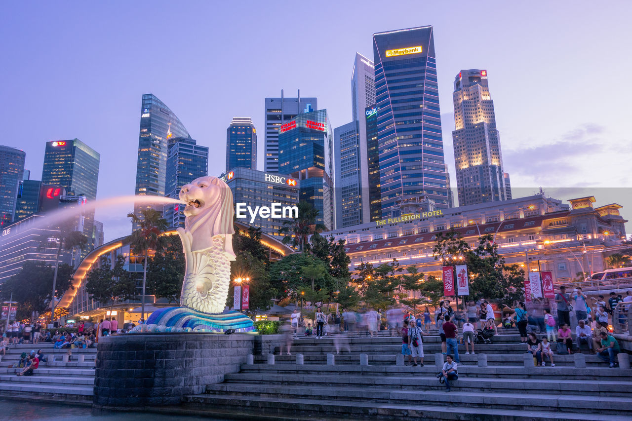 Night view of merlion park  and downtown financial skyline. downtown core. marina bay. singapore