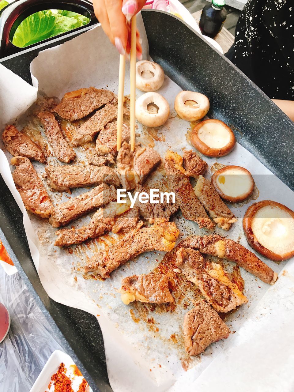 High angle view of person preparing food