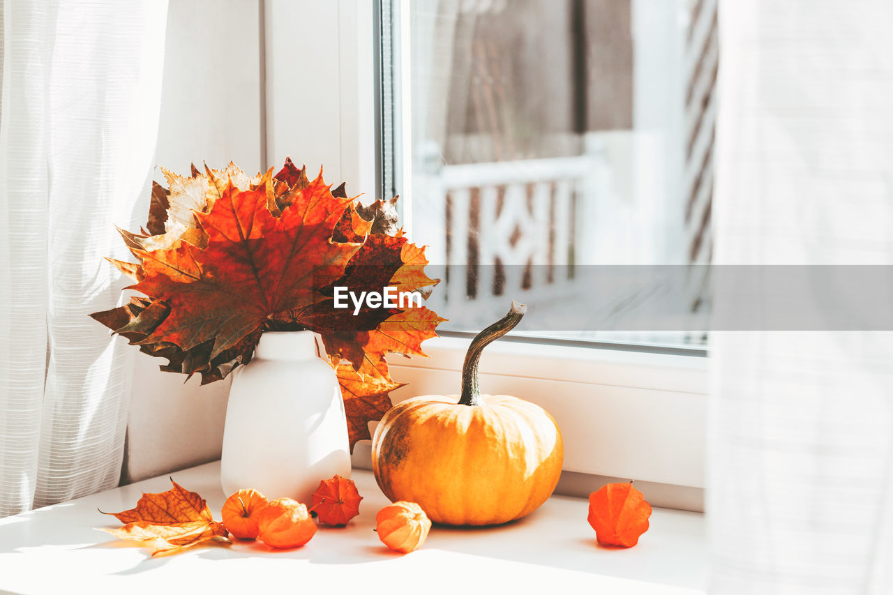 Autumn home decoration on the window using dry leaves and pumpkin