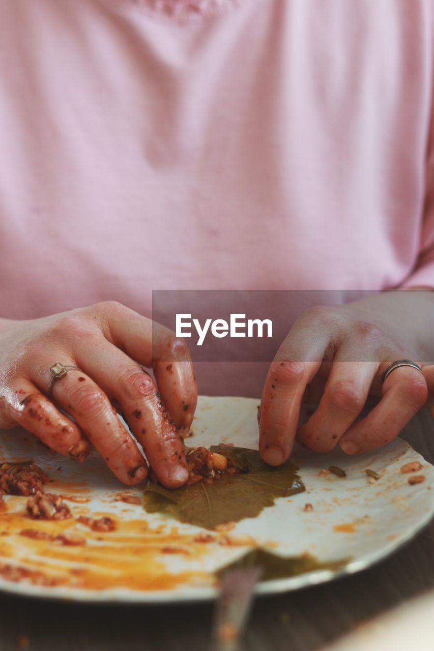 CLOSE-UP OF WOMAN PREPARING MEAT IN PLATE