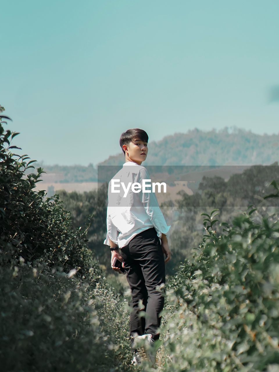 Portrait of man walking by plants against clear sky