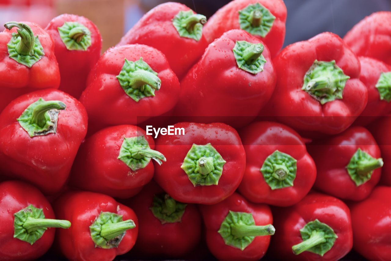 Close-up of fresh red bell peppers for sale